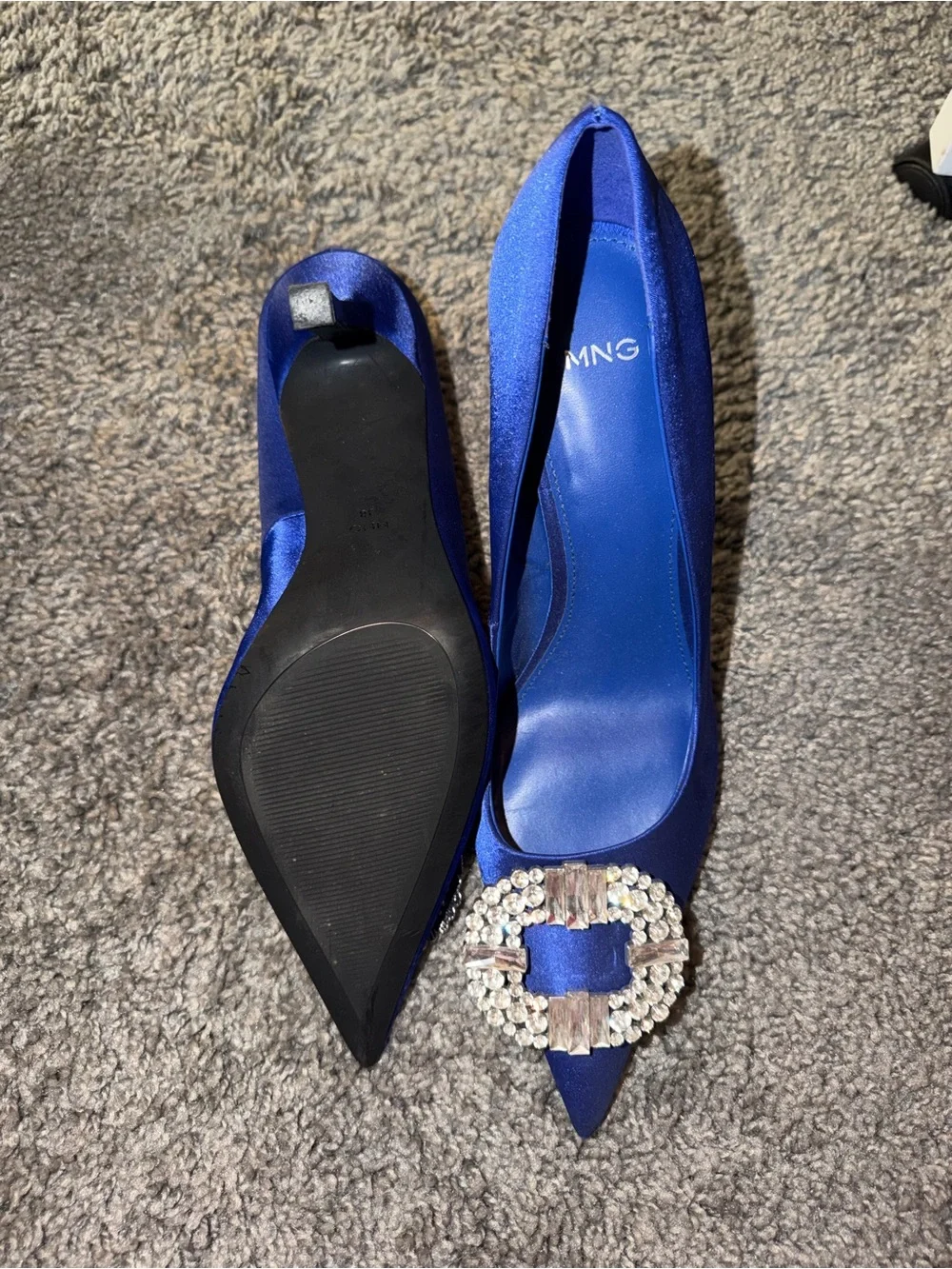Mango Cobalt Blue Satin Pointed Toe Pumps with Crystal Buckle